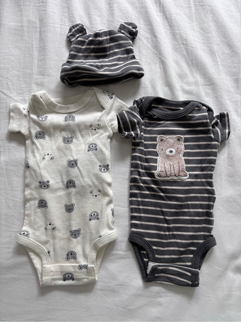 NWOT - Neutral Bear Print & Stripe Baby One-Piece Set with Hat - 2-Pack